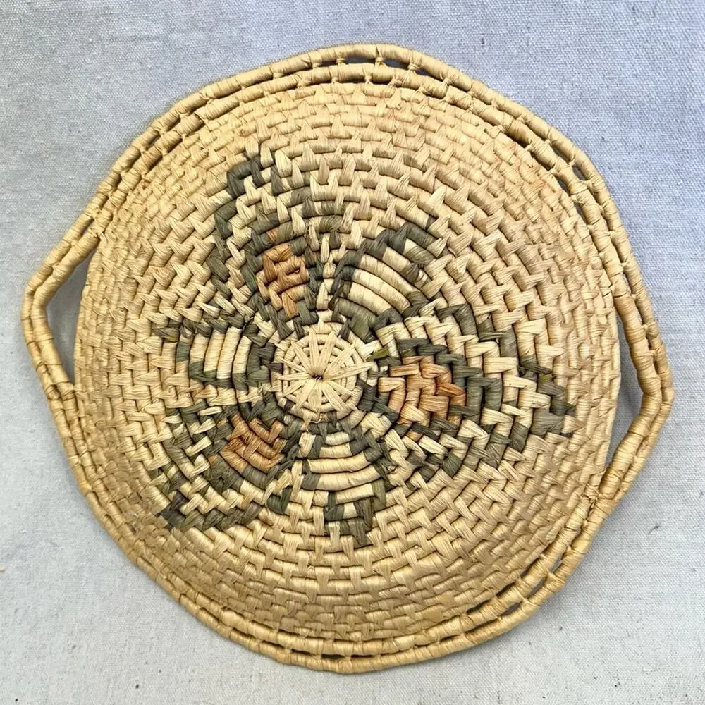 Vintage set of 2 southwest boho woven wicker basket/tray in natural & greens‎